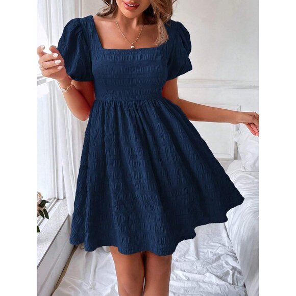 Textured puff sleeve babydoll mini dress boho preppy - Picture 1 of 3